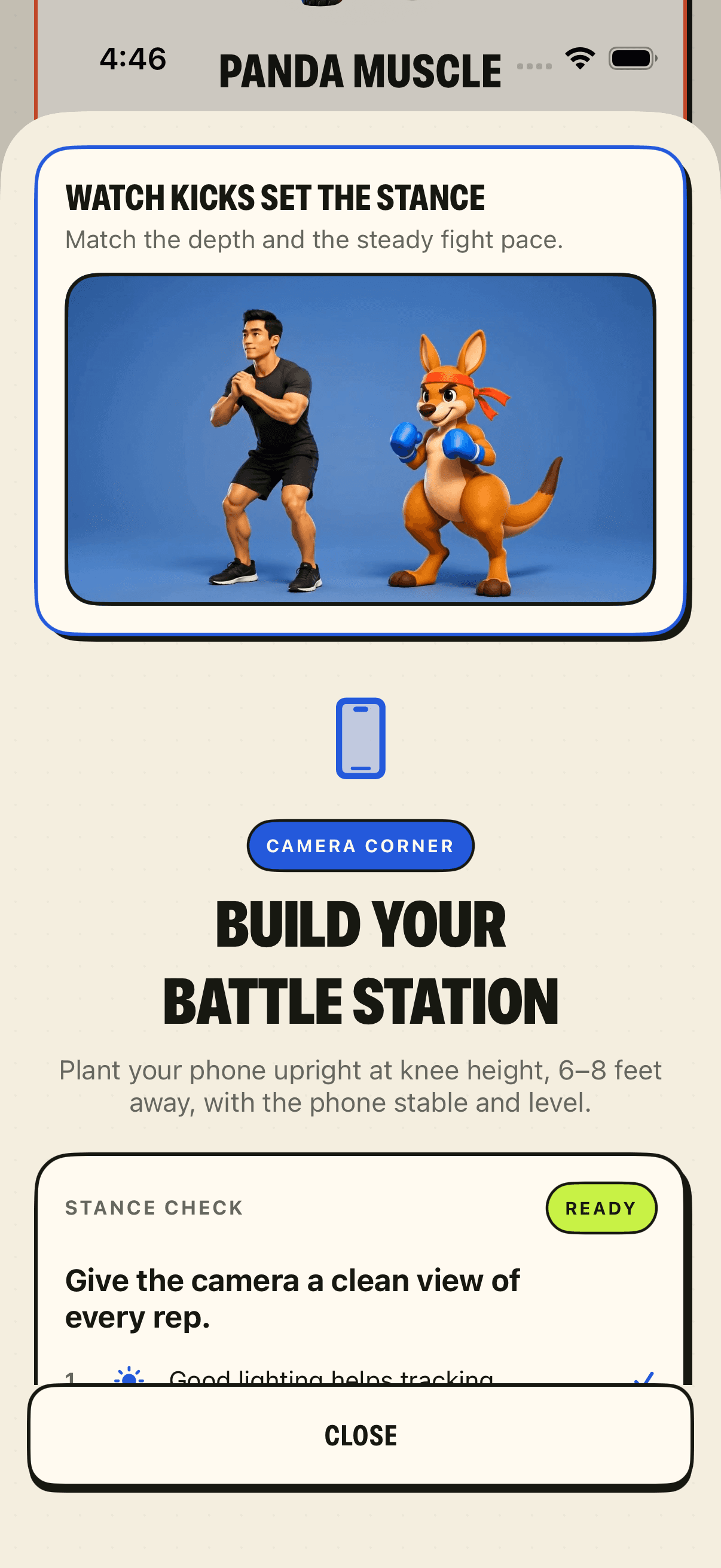 Prop your iPhone. Step into frame. shown in the SquatQuest app